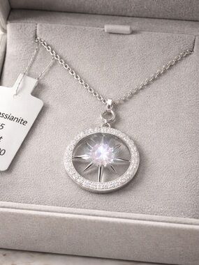 Sterling Silver Mosanite Crystal Compass Pendant Necklace